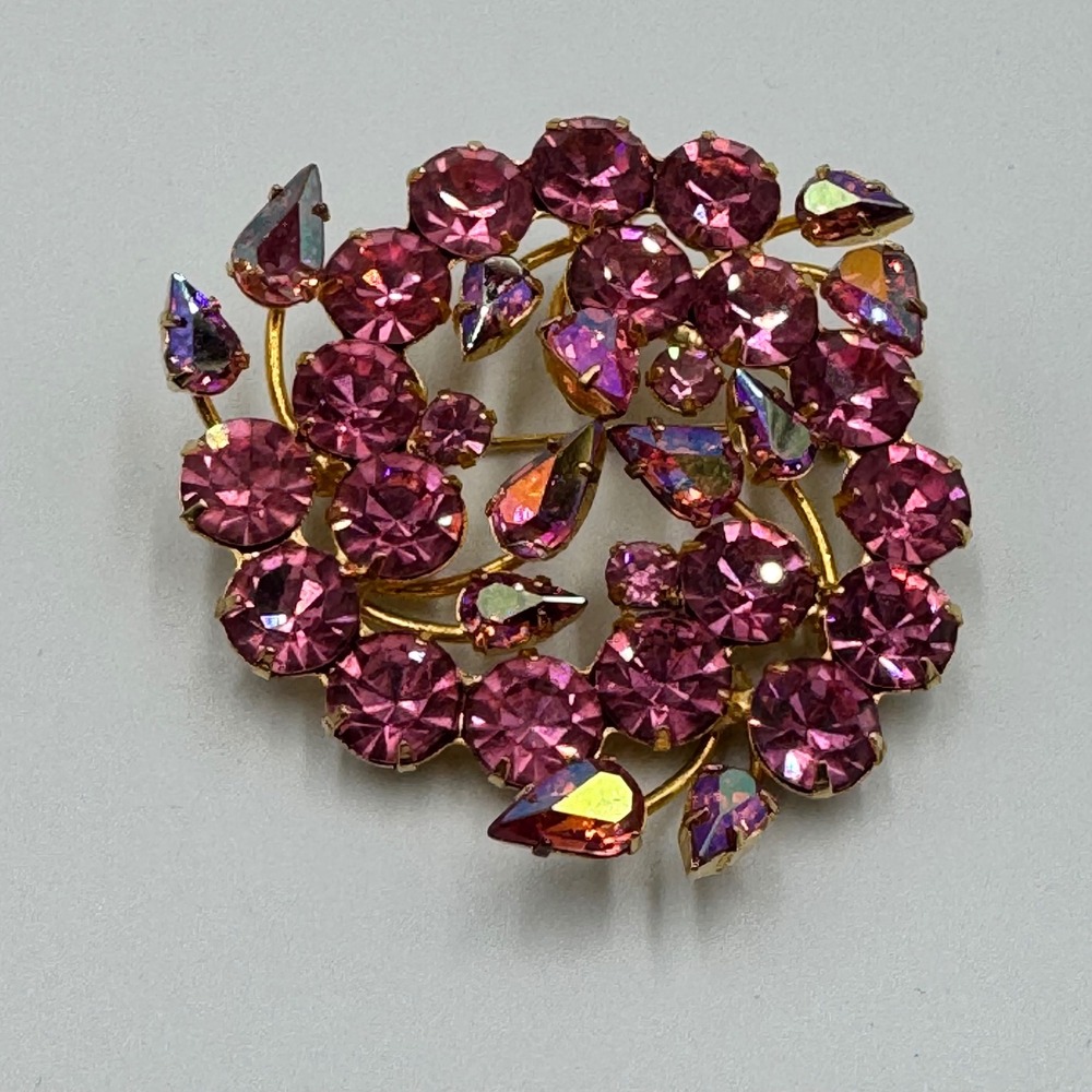 Vintage Pink Rhinestone Aurora Borealis Wreath Brooch Gold Tone Pin